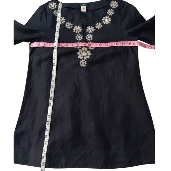 J. CREW 100% Linen Tunic Top Blouse M/10 Artsy‎ Floral Applique Long 3/4 Sleeves - Picture 3 of 11